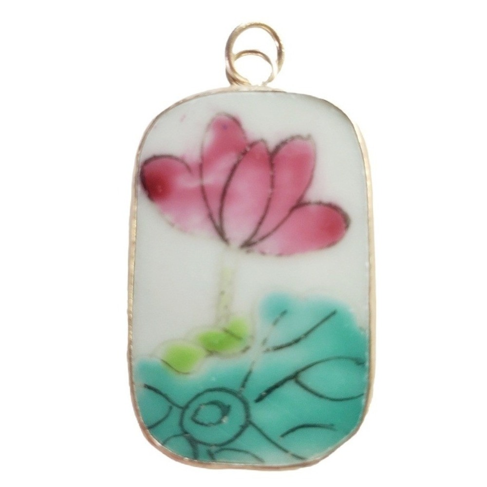 Pink Lotus Flower Pottery Shard Pendant Hand Painted Vintage Porcelain Jewelry